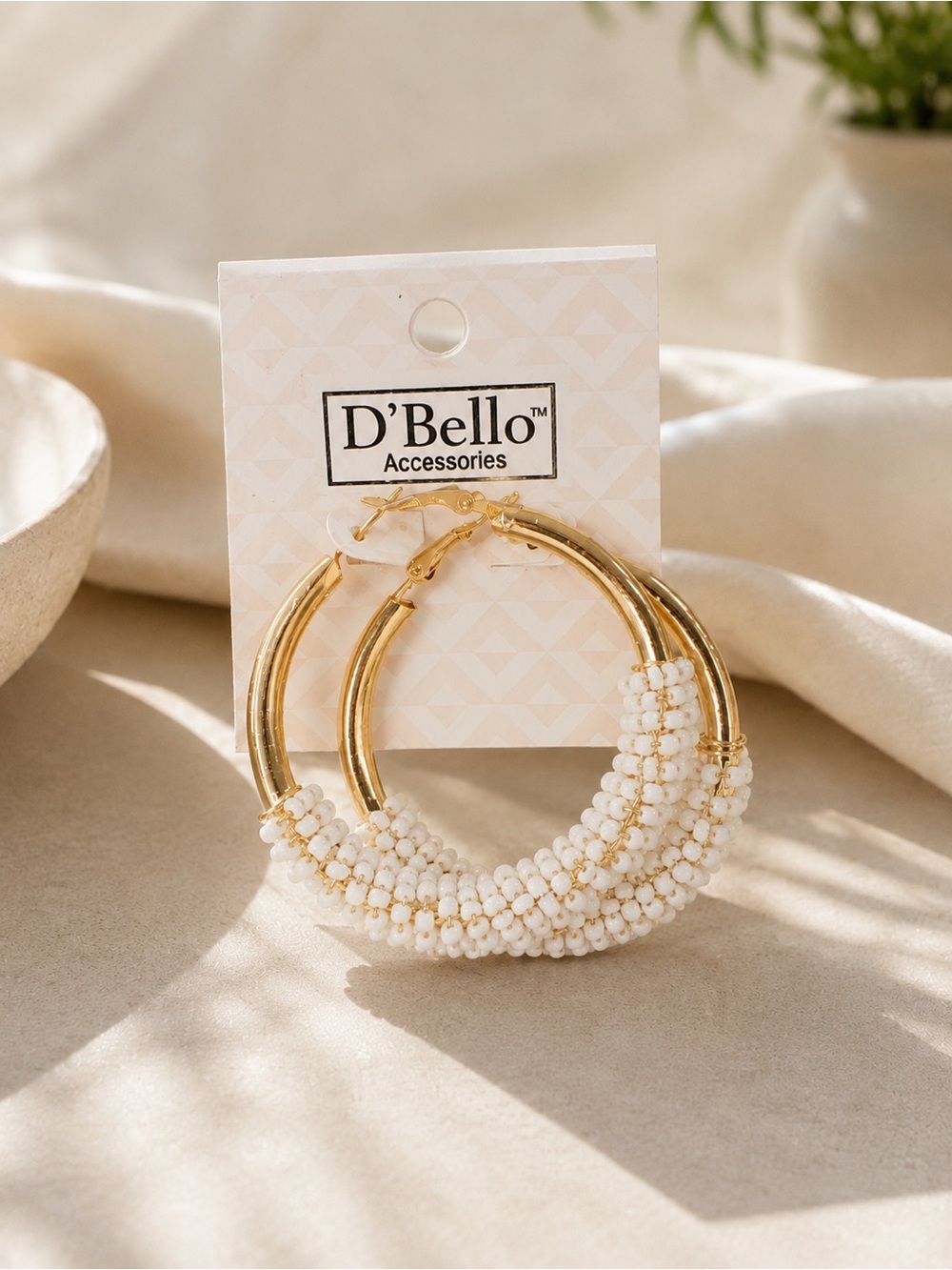 D'Bello Gold Hoop Earrings with White Beaded Accents